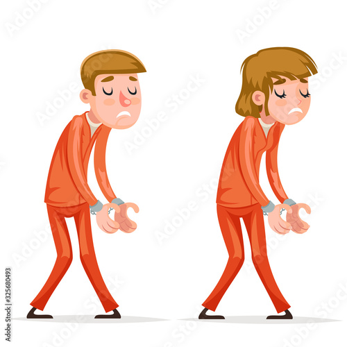 Woman and man prisoner arrestee caught handcuff burglar robber thief scared guy character isolated icons cartoon design vector illustration