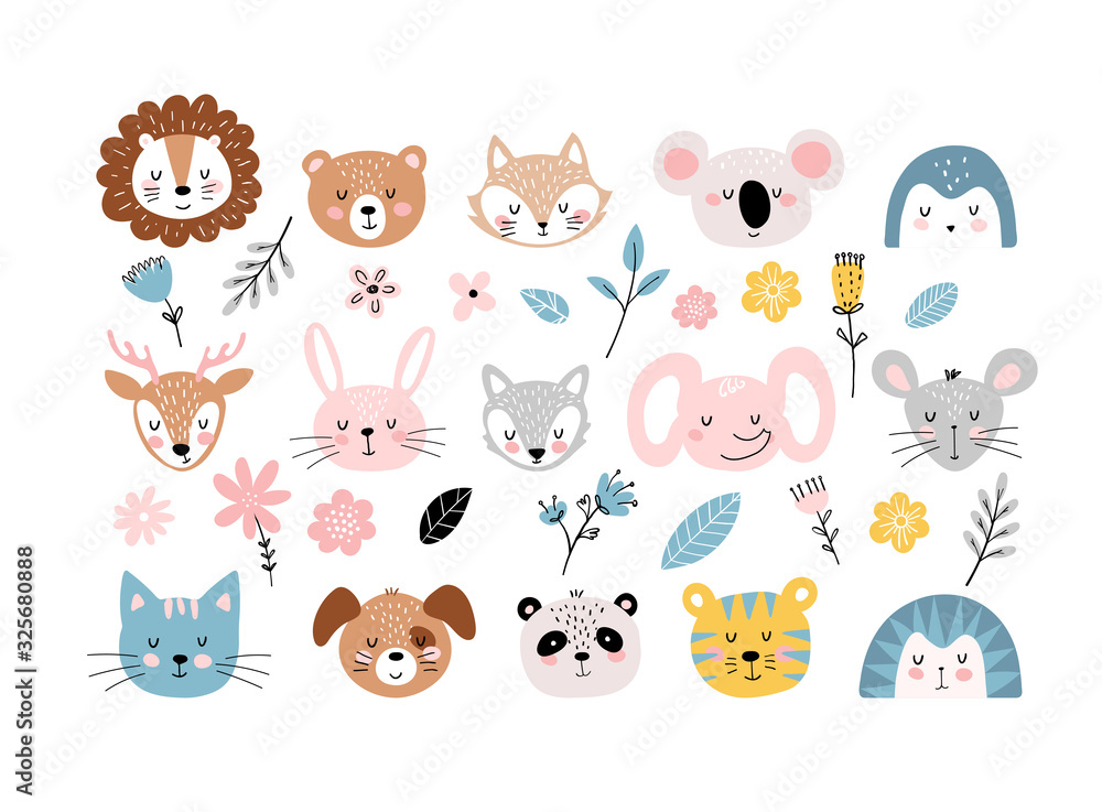 Set of cute portraits of animals and flowers for design postcards, children s birthday, party, baby shower. Simple flat design elements. Vector illustration