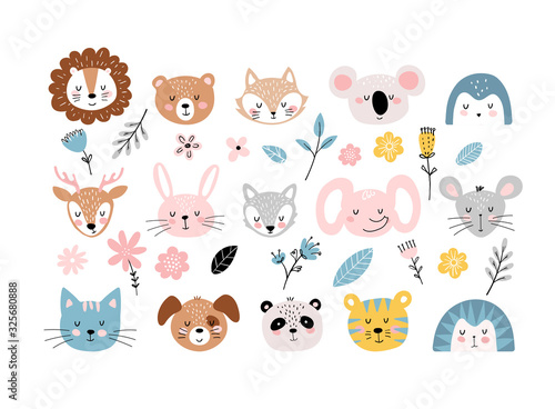 Set of cute portraits of animals and flowers for design postcards, children s birthday, party, baby shower. Simple flat design elements. Vector illustration