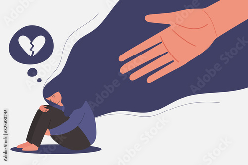 human hand helps sad young girl in depression sitting and hugging knees with flying hair and broken on mind, sorrow, mental health concept, cartoon female character vector flat illustration