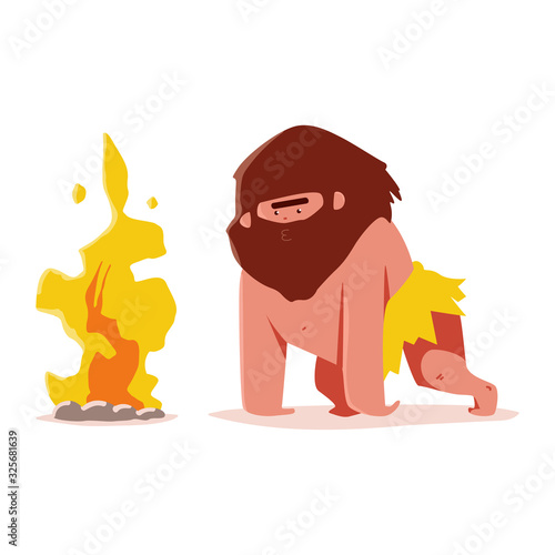 Cute caveman with bonfire vector cartoon character isolated on a white background.