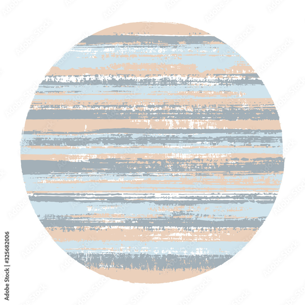 Retro circle vector geometric shape with striped texture of paint horizontal lines. Old paint texture disk. Badge round shape logotype circle with grunge background of stripes.