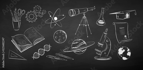 Chalk drawn illustration set of science objects