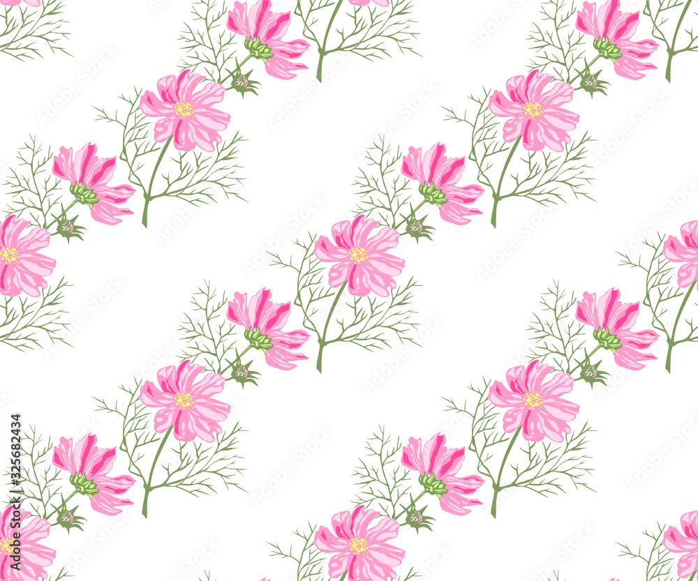 Seamless floral pattern with Cosmos bipinnatus. Hand drawing decorative background. Vector pattern. Print for textile, cloth, wallpaper, scrapbooking