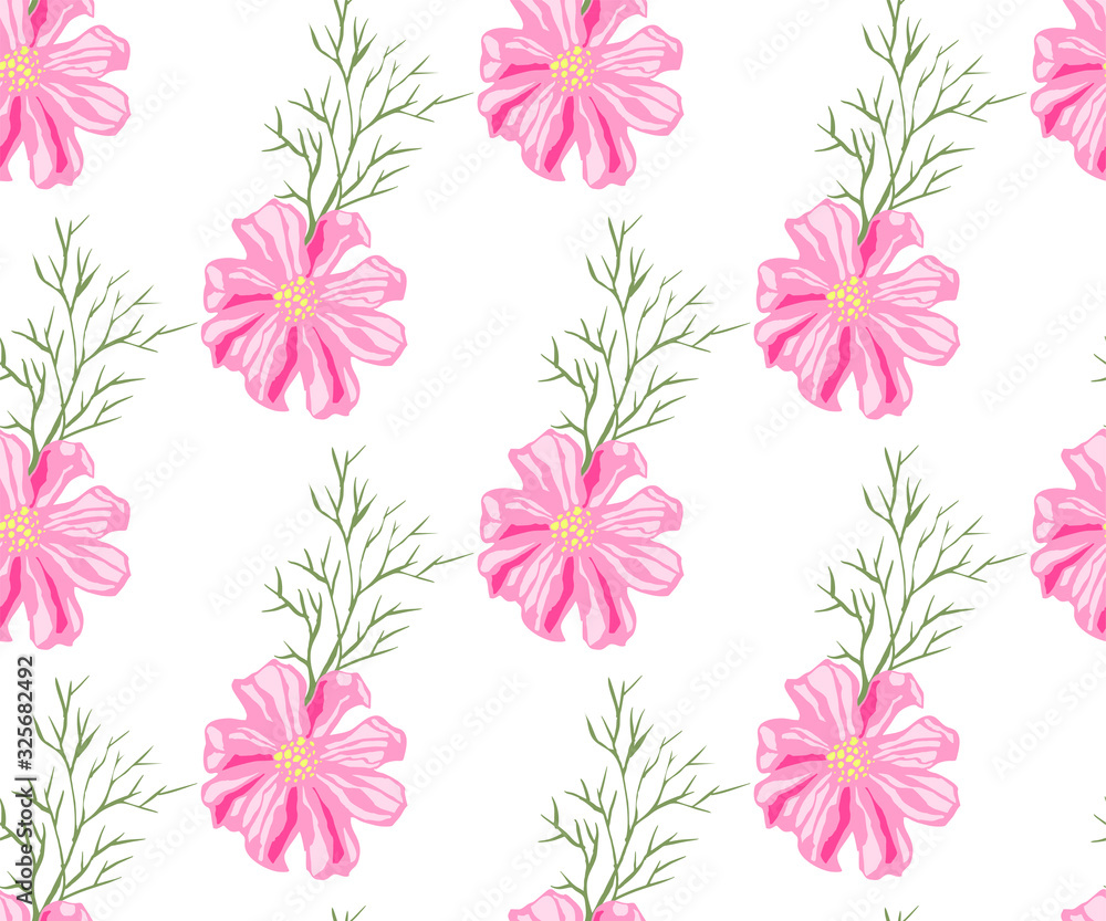 Seamless floral pattern with Cosmos bipinnatus. Hand drawing decorative background. Vector pattern. Print for textile, cloth, wallpaper, scrapbooking