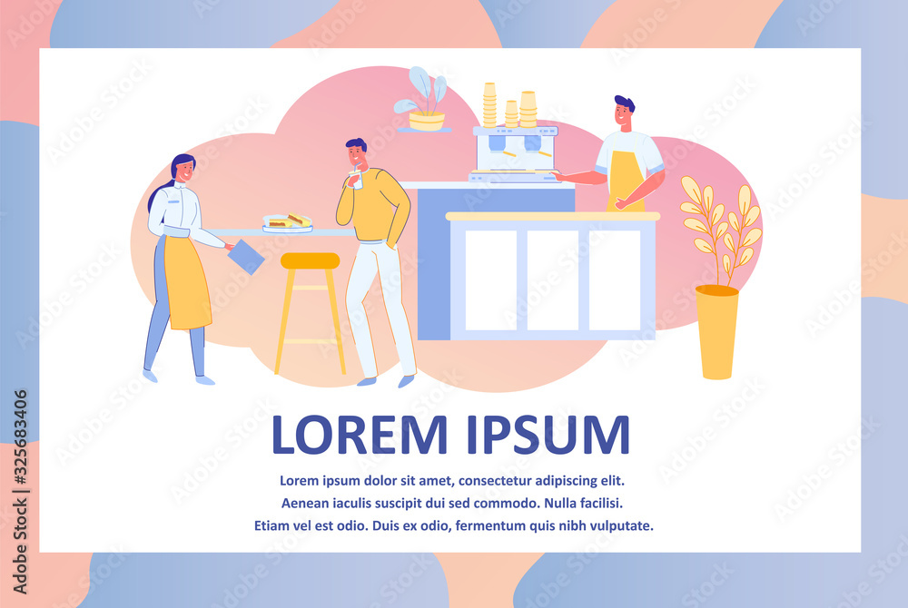 Coffee Shop Interior or Espresso Bar with Barista Man Cartoon Character and Waitress Serving Snack Meal to Customer. Modern Cafeteria with Coffee Machine and Furniture. Flat Vector Illustration. Coffee Shop Interior or Espresso Bar with Barista Man Cartoon Character and Waitress Serving Snack Meal to Customer. Modern Cafeteria with Coffee Machine and Furniture. Flat Vector Illustration.