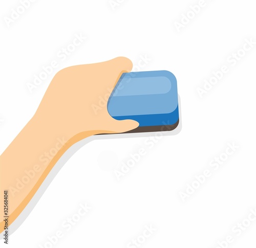 hand holding eraser to erases in white board cartoon flat illustration vector isolated in white background