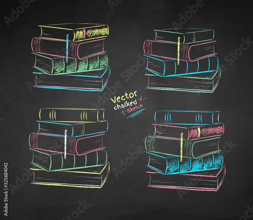 Chalk drawn illustration set of piles of books