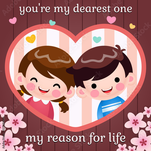 Cartoon Loving Boy And Girl Inside Heart Frame Stock Vector Card Illustrations, Design For Valentines Day In Childish Style