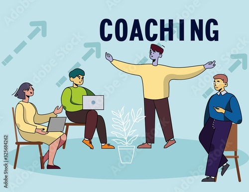 Business Coaching Flat Poster with Cartoon People Meeting. Leader of Company, Coacher, Trainer and Conference Participants Listening to Coworker Speech. Oratory Training. Vector Flat Illustration