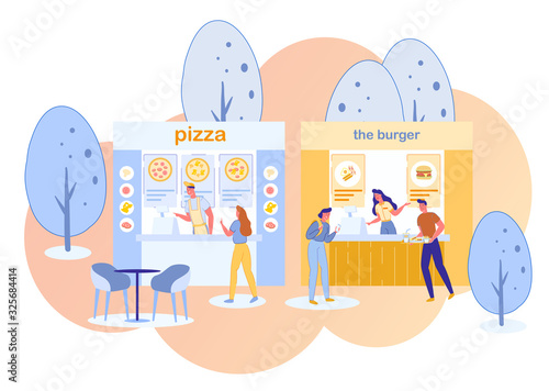 Pizza and Burger Fast Food Street Cafe Stalls with Buying and Choosing Customers, Men and Women. City Park cafeteria, Restaurant on Urban Summer Landscape Background. Trendy Flat Vector Illustration. © Mykola