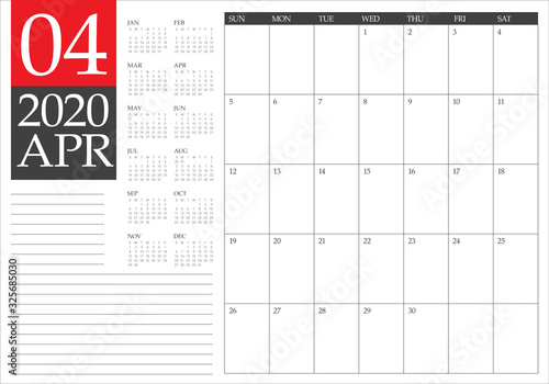 April 2020 desk calendar vector illustration