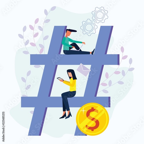 Vector illustration of a business man and woman sitting on a big fence sign. Business inspiration, success in business and increasing revenue