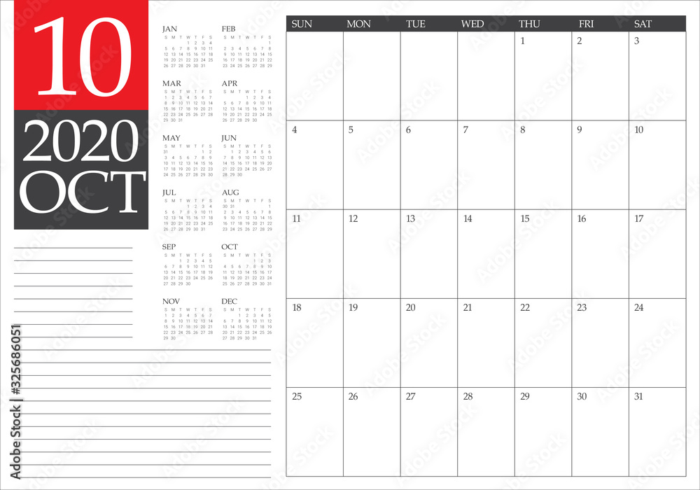 October 2020 desk calendar vector illustration October 2020 desk calendar vector illustration