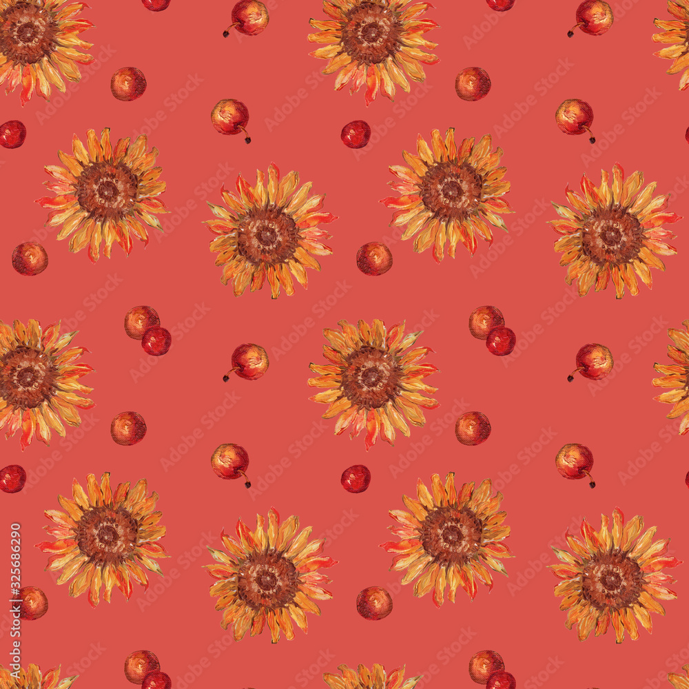 A pattern with a sunflower. Flowers and apples pattern. flower sunflower. Oil painting. Isolated color background. Textiles, wallpaper, wrapping paper. Color. A pattern with a sunflower. Flowers and apples pattern. flower sunflower. Oil painting. Isolated color background. Textiles, wallpaper, wrapping paper. Color.