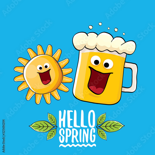Hello spring concept illustration with vector cartoon funky beer glass character, flowers, green leaves and spring orange sun character isolated on blue background.