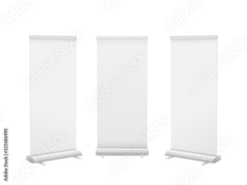 Realistic 3D vertical roll up banner stand template design. Isolated vector.