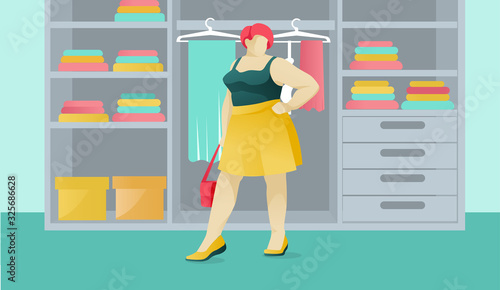Cartoon Clubby Woman Character Standing near Wardrobe with Apparel. Satisfied Fat Female Person Posing in New Fashion Look. Self-Acceptance and Love Body Positive. Vector Flat Illustration