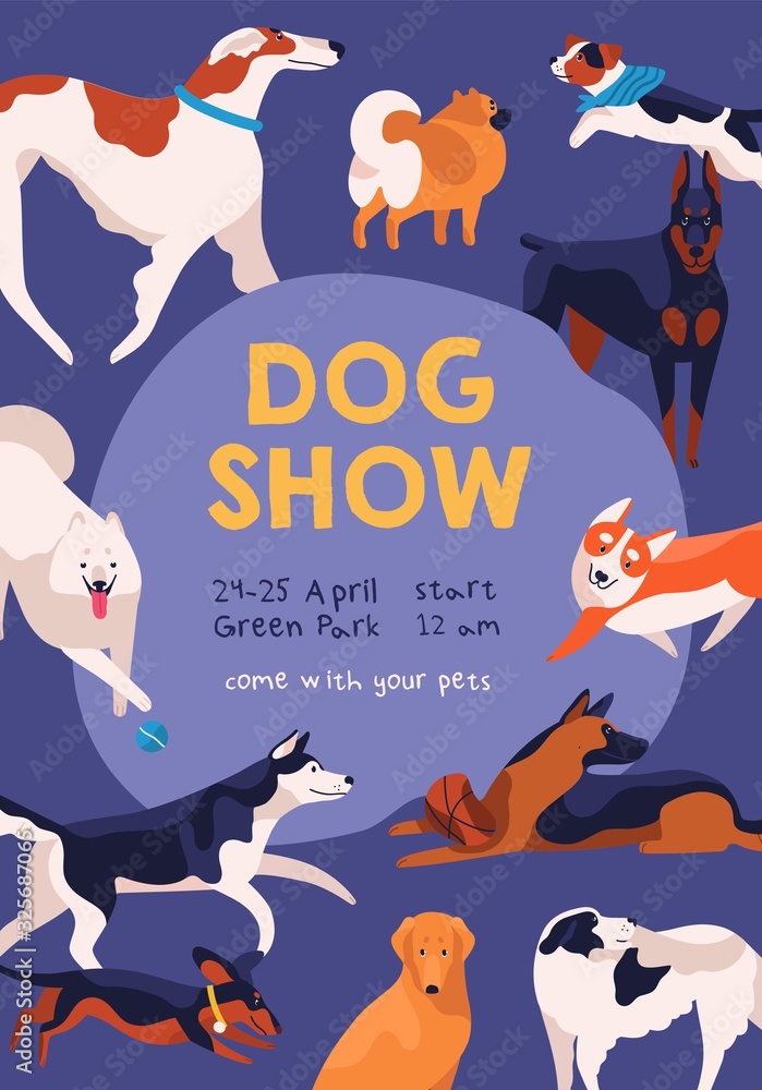 Dog show poster on purple background. Various cartoon dogs breeds posing at placard template vector flat illustration. Promo of domestic animal event with place for text