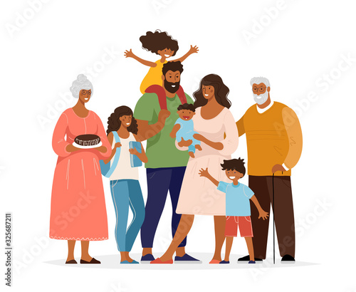 A large black family, different generations, children, parents, grandchildren, grandparents. Loving relatives hug and smile. Flat cartoon characters vector illustration