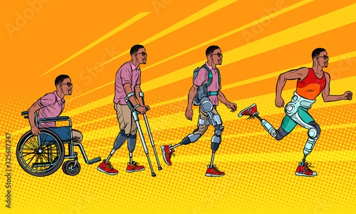 Evolution of rehabilitation. african man leg prosthesis