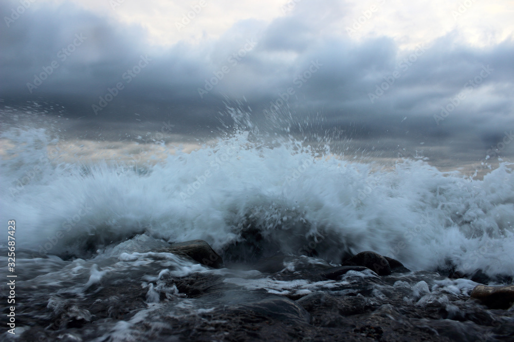 Stormy sea. Big wave and dark sky