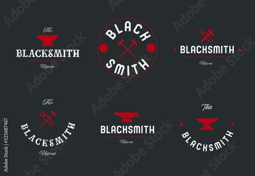 Blacksmith logo set with hammers, anvil, pliers. Forge workshop. Vector.