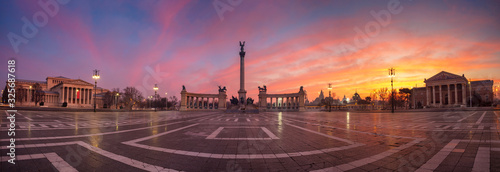 Budapest, Hungary. Panoramic cityscape image of the Heroes' Square with the Millennium Monument, Budapest, Hungary during beautiful sunrise.