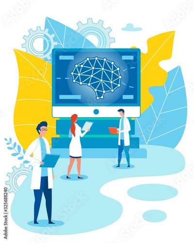 Doctors Professional Team Studying Brain Functions and Senses Diseases Use Modern Digital Technologies. Smart Medicine and Neurology Department. Anatomical Knowledge Science. Vector Illustration