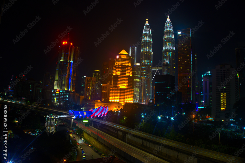 KL cityscape at night with pedestrian walk from Kg Baru to Jalan Ampang