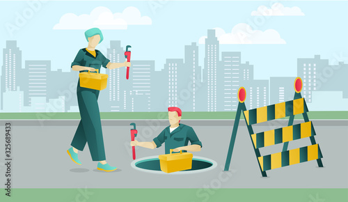 Cartoon Professional Plumbers Characters Team and Sewer Manhole. Sewage Repair and Maintenance, Plumbing Service. Man and Woman Technician with Tools Box and Wrench at Work. Vector Flat Illustration