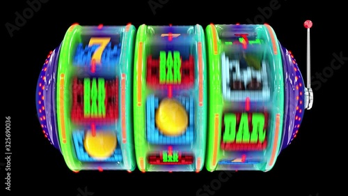 Glossy multi-colored slot machine hitting a 777 jackpot and exploding golden coins. UHD - 4K - 3D Rendering