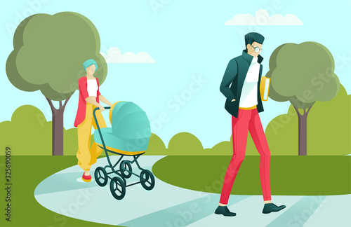 Young Mother Strolling Baby, Man Walking in Green Urban Park. Faceless Cartoon People Characters. Motherhood and Maternity. City Dwellers at Ecologically Pure Place for Walk. Vector Flat Illustration