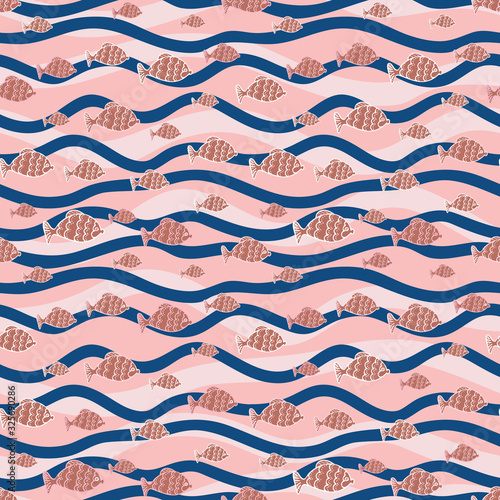 Fish and ocean waves seamless vector pattern in blush pink and classic blue. Decorative graphic surface print design.