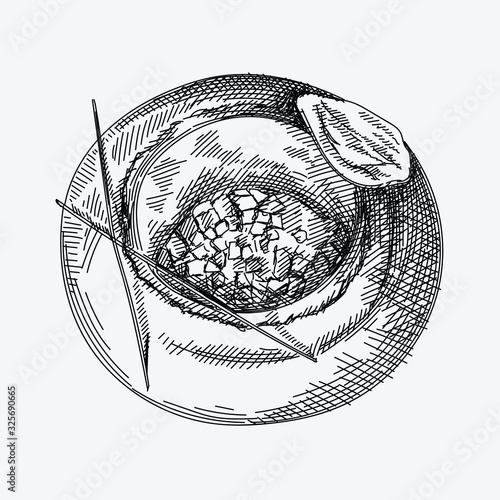 Hand drawn sketch of azeri tandir bread pita or pide bread dough. Tandir hanging and baking in the clay oven. Top view of the clay oven with tandir bread inside. Coal and fireplace poker