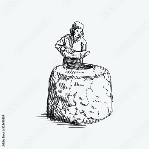 Hand drawn sketch of azeri woman making tandir bread, pita or pide bread dough. A woman putting tandir bread into the stone oven