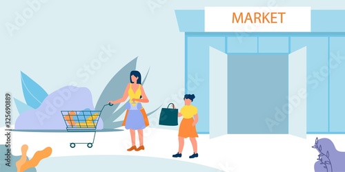 Happy Mother and Daughter Leaving Market Place after Shopping in Market. Woman Pushing Trolley with Grocery Goods Holding Hanger with Dress for Girl Following her. Cartoon Flat Vector Illustration
