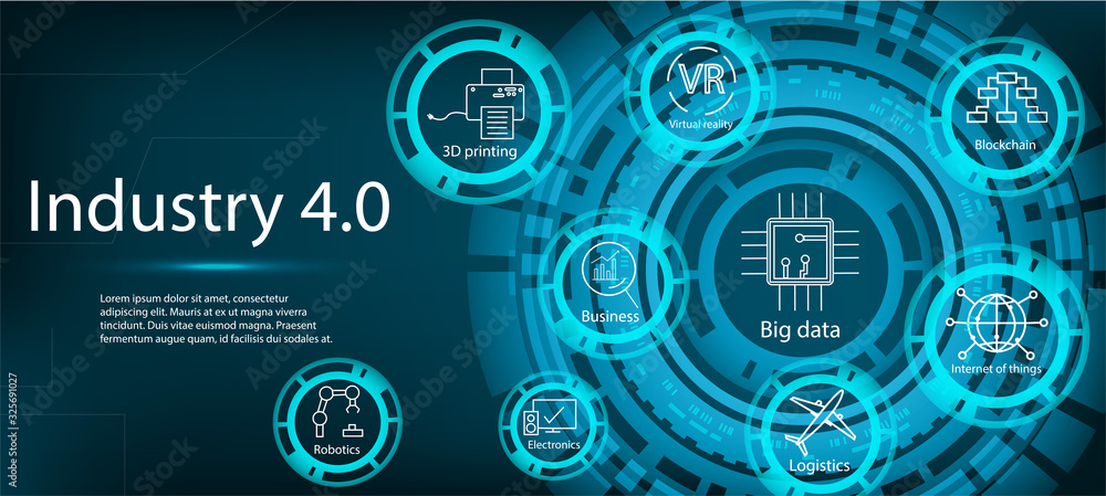 Industry 4.0 infographic concept. Web page banner template with icons and name. Interface labeled Industry 4.0. Industrial revolution 4.0 vector image.