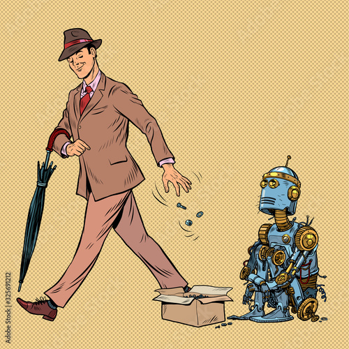 Beggar homeless robot asks for alms