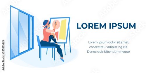 Woman Artist Sitting at Huge Window Drawing Geometric Figures on Canvas. Lifestyle Activity, Painting Hobby, Creativity, Girl Studying in Art Studio Cartoon Flat Vector Illustration, Horizontal Banner