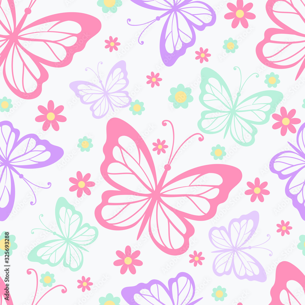 Fototapeta premium Seamless pattern with multicolored butterflies on white background. Vector illustration.