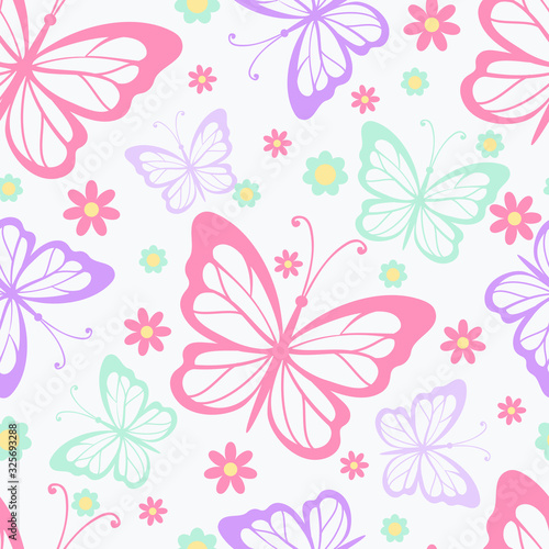 Seamless pattern with multicolored butterflies on white background. Vector illustration.
