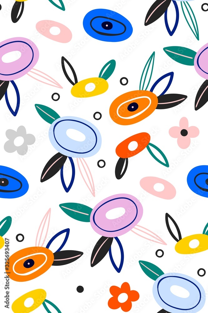 Fototapeta premium Summer floral seamless pattern. Spring texture. Multi-colored wildflowers on a white background. Flower buds with green leaves.