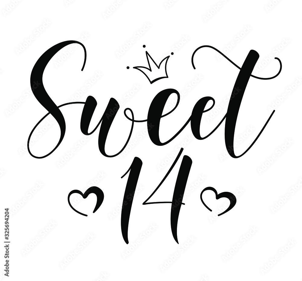 Sweet 14teen. Happy Birthday lettering sign. Design elements for postcard, poster, graphic, flyer. Simple vector brush calligraphy. Stock illustration Isolated on white background.
