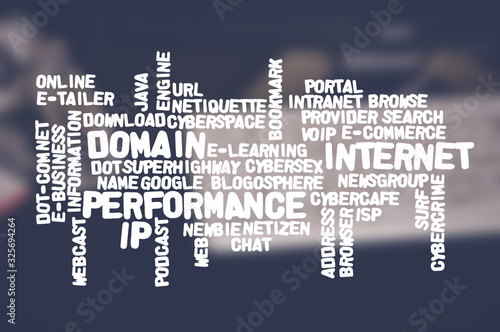 Performance word cloud collage on blurring background, business concept