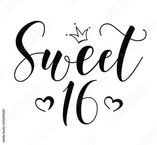 Sweet 16teen. Happy Birthday lettering sign. Design elements for postcard, poster, graphic, flyer. Simple vector brush calligraphy. Stock illustration Isolated on white background.