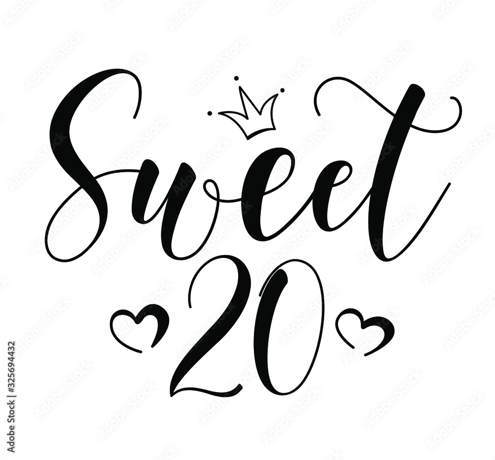Sweet 20. Happy Birthday lettering sign. Design elements for postcard, poster, graphic, flyer. Simple vector brush calligraphy. Stock illustration Isolated on white background. Sweet 20. Happy Birthday lettering sign. Design elements for postcard, poster, graphic, flyer. Simple vector brush calligraphy. Stock illustration Isolated on white background.
