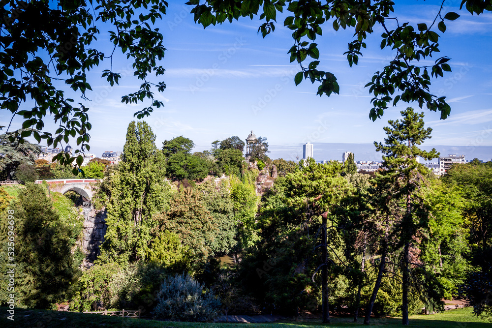 Sibyl temple and pond in Buttes-Chaumont Park, Paris