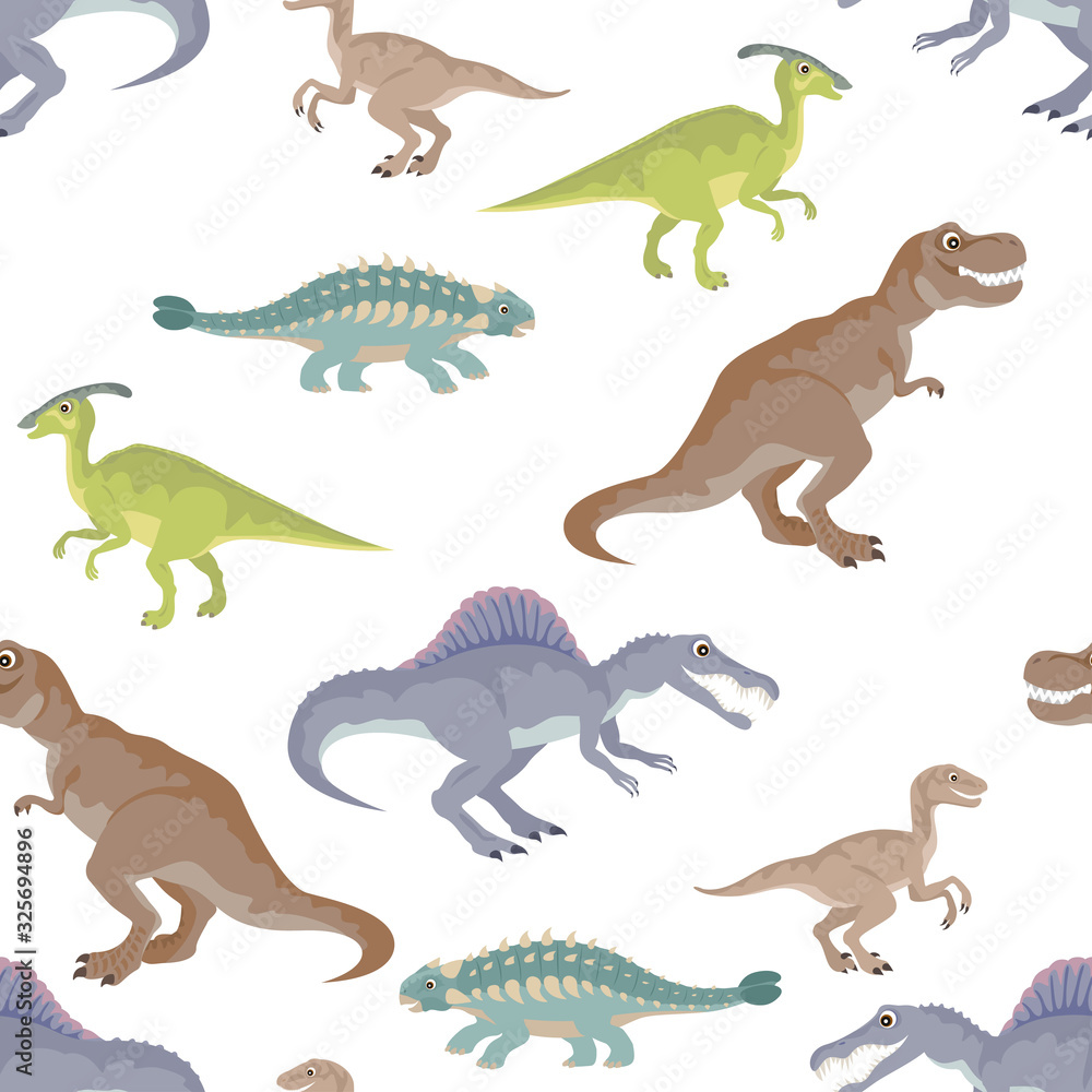 Cartoon dinosaur isolated on white. Seamless pattern. Cute funny jurassic animal. Spinosaurus, Ankylosaurus, Tyrannosaurus Rex, Parasaurolophus, Velociraptor and Ankylosaurus. Vector flat illustration