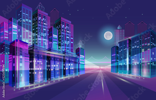 Night city panorama with moon and neon glow. Vector illustration.